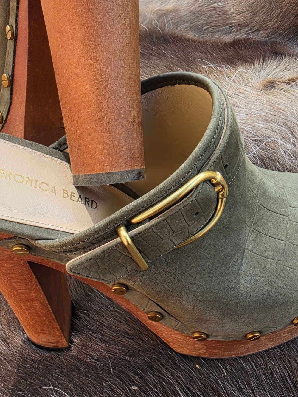 Veronica Beard Olive Suede Buckle Clog Heels